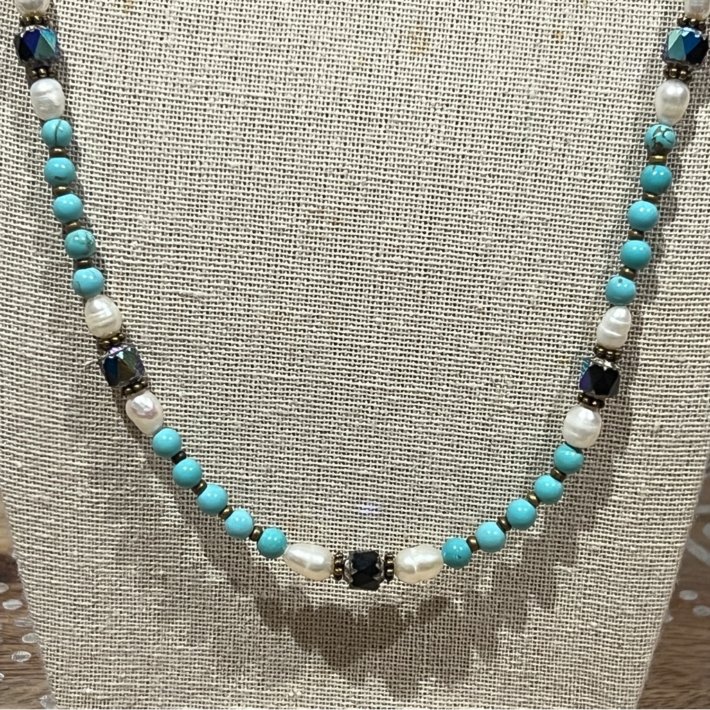 New Turquoise, Freshwater Pearl & Czech Iridescent Blue Cathedral Bead Necklace